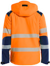 Orange jacka med huva och reflexband, mörkblå detaljer på ärmarna.