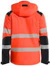 Orange och svart jacka med huva och reflekterande grå ränder, sedda bakifrån.