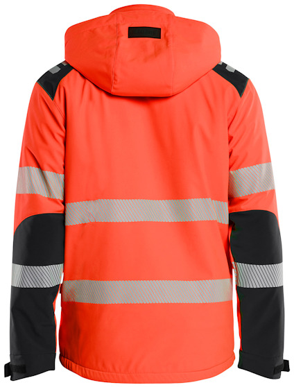 Orange och svart jacka med huva och reflekterande grå ränder, sedda bakifrån.