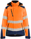 Orange/marinblå jacka med reflexband, hel dragkedja och fyra fickor.