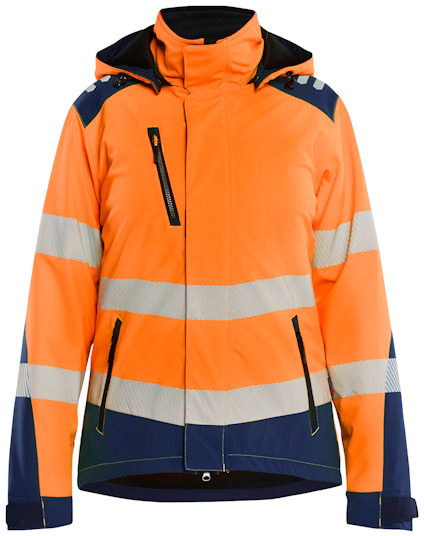 Orange/marinblå jacka med reflexband, hel dragkedja och fyra fickor.