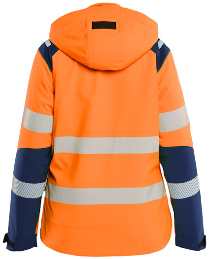 Orange arbetsjacka med reflexband och mörkblå detaljer, sett bakifrån.