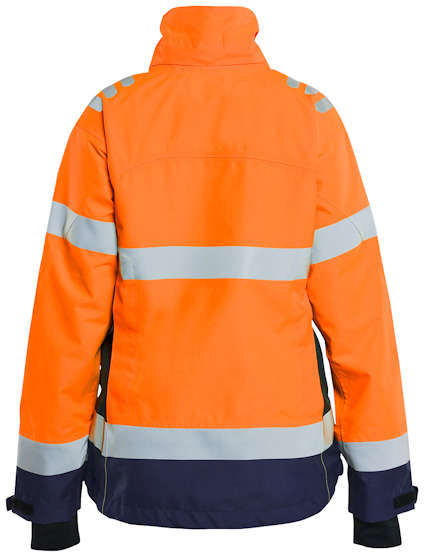Orange och marinblå arbetsjacka med reflexband över rygg och ärmar.