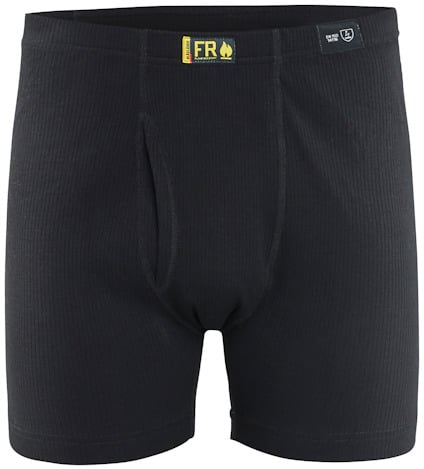 Svarta flamsäkra boxerkalsonger med etikett och logotyp märkt "FR".
