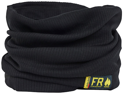 Svart bandana med ribbad textur, etikett i hörnet med texten "BLAKLADER FR FLAME RESISTANT".