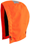 Orange huva med svart innerfoder och grå detalj på toppen, utrustad med dragsko och tryckknappar.