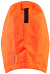 Orange huva med svart kardborreband och en etikett som säger "Fristads".