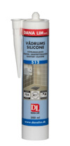 Vit patron märkt med "DANA LIM" och "VÅTRUMSSILIKON 512" i blått. Innehåller symboler och text, 300 ml.
