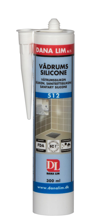 Vit patron märkt med "DANA LIM" och "VÅTRUMSSILIKON 512" i blått. Innehåller symboler och text, 300 ml.