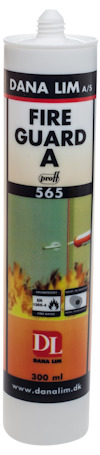 Vit tub med texten "DANA LIM FIRE GUARD A 565" och "300 ml". Illustration av eld och logotyper syns på etiketten.