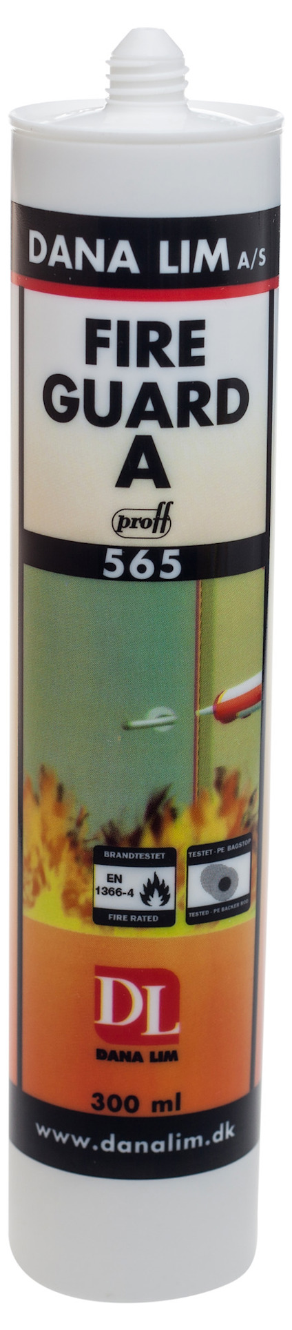 Vit tub med texten "DANA LIM FIRE GUARD A 565" och "300 ml". Illustration av eld och logotyper syns på etiketten.