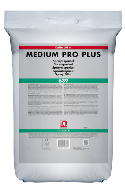 Vit förpackning märkt "MEDIUM PRO PLUS 639" med text på flera språk, inklusive "sprutspackel".