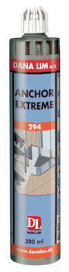 Tub med etikett "DANA LIM A/S ANCHOR EXTREME 294", innehåll 300 ml, samt illustrerade användningsområden.