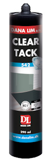 Transparent limpatron med etikett text: "DANA LIM A/S CLEAR TACK 542" och "www.danalim.dk", kapacitet 290 ml.