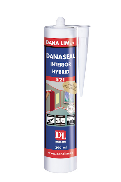 Patron med fogmassa "DANASEAL INTERIOR HYBRID 521" och text i blå och röd design.