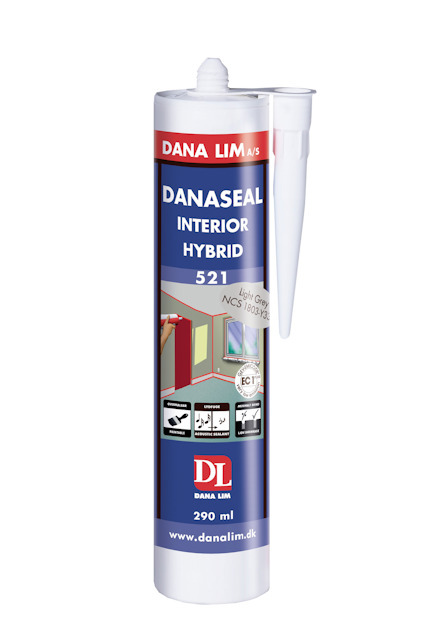 Fogmassa i vit tub med röd och blå etikett, märkt "Danaseal Interior Hybrid 521".