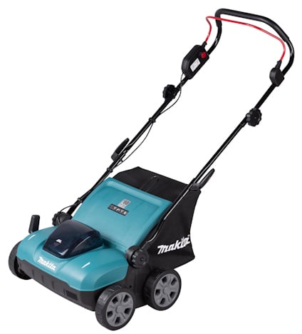 Vertikalskärare i blå och svart med handtag och hjul. Märket Makita syns på sidan.