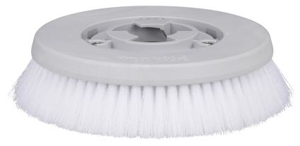 Rund borste med vit borst och grå plastinfästning, sedd snett från sidan.