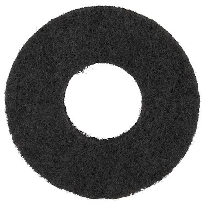 Svart, rund skurrondell med stort hål i mitten, tillverkad i fibermaterial.