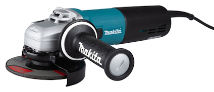 Vinkelslip med blå och svart kropp, sidohandtag och skiva. Text "Makita" på sidan.