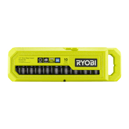 Grön låda märkt "RYOBI" med 10 svarta hylsor synliga genom en genomskinlig panel.