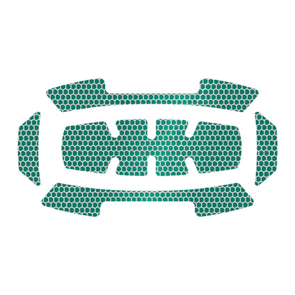 Gröna reflexklistermärken med hexagonalt mönster på vit bakgrund.