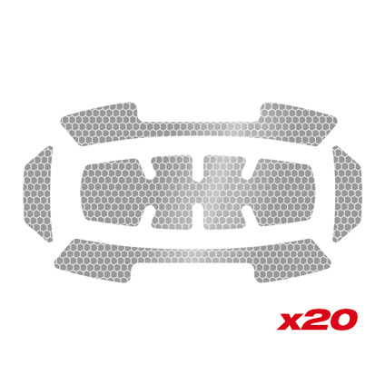 Reflekterande klistermärken i silver med hexagonmönster, arrangerade i sex sektioner; röd text "x20" i hörnet.