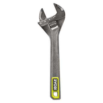 Skiftnyckel med justerbart käft och texten "RYOBI" på handtaget.