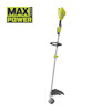 Grön grästrimmer av märket RYOBI med svart handtag och skydd. Texten "MAX POWER SYSTEM" syns i övre vänstra hörnet.