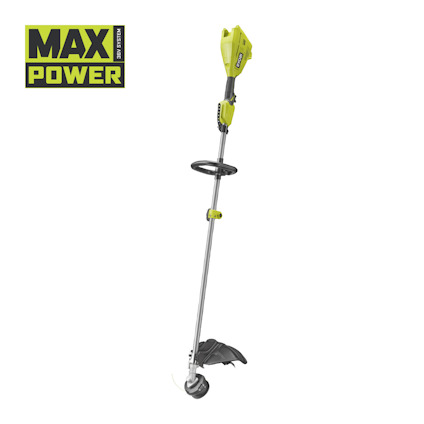 Grön grästrimmer av märket RYOBI med svart handtag och skydd. Texten "MAX POWER SYSTEM" syns i övre vänstra hörnet.