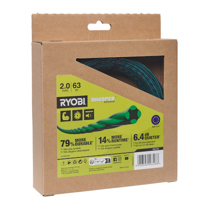 Förpackning av grön trimmertråd från Ryobi, 63 m lång, i en brun kartong med produktinformation och logotyper.