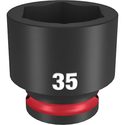 Svart, cylindrisk krafthylsa med röd ring och vit text som visar "35".