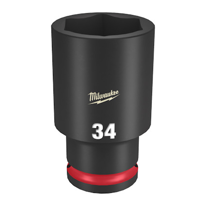 Svart, lång krafthylsa med vit text "34" och "Milwaukee". Röd ring vid basen.