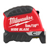 Rött och svart måttband med texten "Milwaukee Wide Blade 5m/16ft".