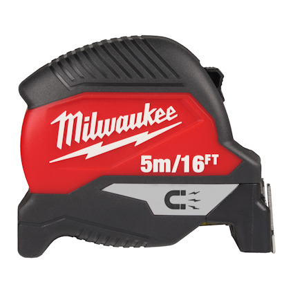 Rött och svart måttband med vit text "Milwaukee" och "5m/16FT" på sidan.
