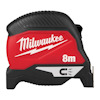 Rött och svart måttband med texten "Milwaukee" och "8m" i vitt.