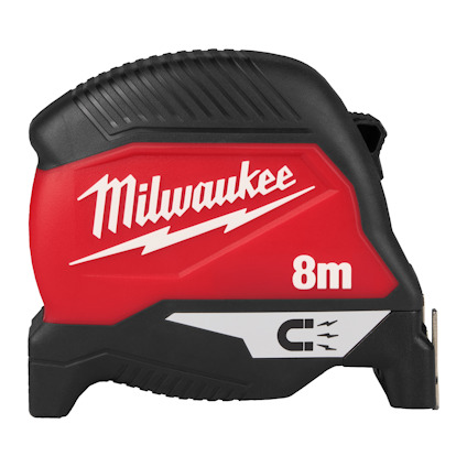 Rött och svart måttband med texten "Milwaukee" och "8m" i vitt.