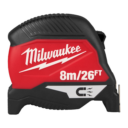 Rött och svart måttband med texten "Milwaukee" och "8m/26FT" i vitt. Har ett robust hölje och ett bältesclip.