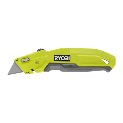 Grön och grå arbetskniv med utfällbart blad och märket "RYOBI" på handtaget.