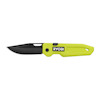 Fällbar kniv med svart blad och grönt handtag, märkt "RYOBI".