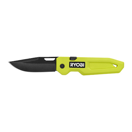 Fällbar kniv med svart blad och grönt handtag, märkt "RYOBI".