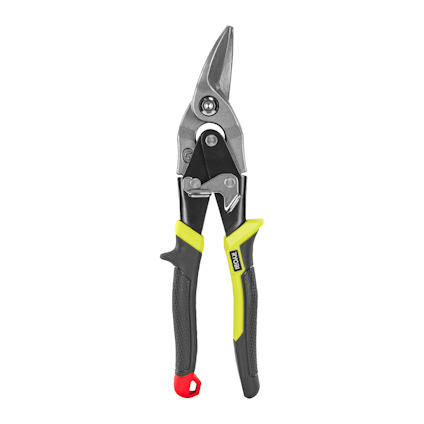 Plåtsax med gråa skär och svarta handtag med gröna detaljer. Märkt med "RYOBI".