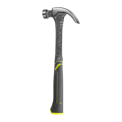 Snickarhammare med grå metallhuvud och svart handtag med limegröna detaljer. Märkt med "RYOBI".