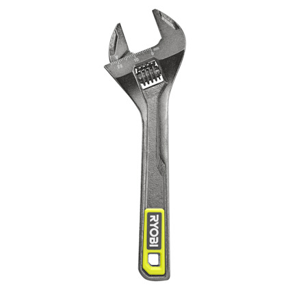 Skiftnyckel med grått metallhuvud och svart handtag med grönt och vitt Ryobi-märke.