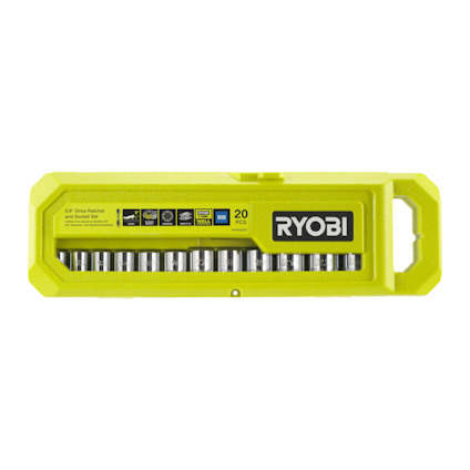 Grön hylsnyckelsats med texten "RYOBI" och genomskinligt lock som visar metallhylsor.