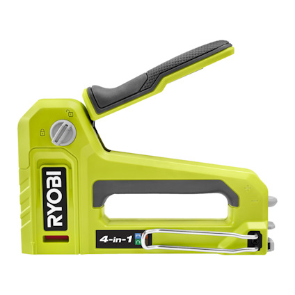 Grön och svart häftpistol med handtag, märkt "RYOBI" och "4-in-1".