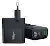 Svart väggladdare med en USB-A-port och två USB-C-portar, samt en digital display som visar "65W".