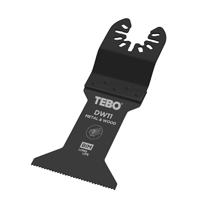 Svart sågblad med texten "TEBO", "DW11", "METAL & WOOD", och symbol för lång livslängd.