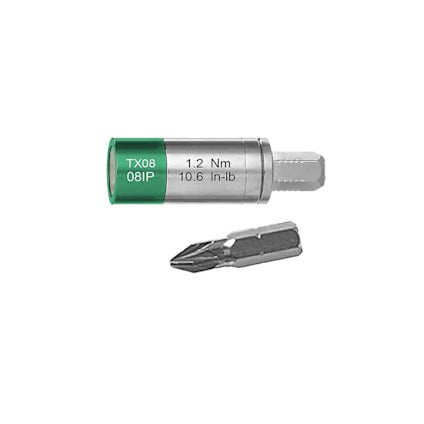 Momentadapter med text "TX08 08IP 1.2 Nm 10.6 In-lb" samt en separat bits med stjärnformad spets.