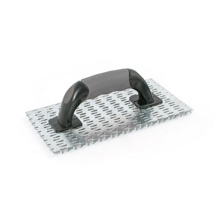 Spikbräda i metall med ett svart handtag och taggar på undersidan.